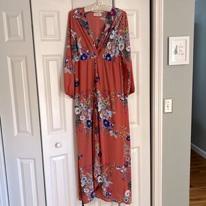 Floral/Coral Peach Love CA Long-sleeve Maxi Dress Size 1XL